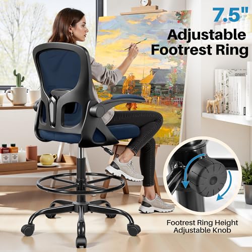 Image of Ergonomic Drafting Chair for Standing Desk, Office Chair with Adjustable Height, Flip-Up Armrests & Footrest Ring, 360 Swivel Mesh High Desk Chair for Studio, Study, Artist, Gaming, Work Navy
