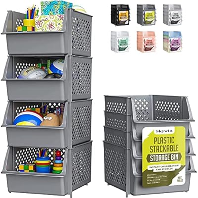 TidyFriend Stackable Storage Bins for Closet Organizers and Storage 4 Pack, Garage Storage Bin Stackable, Bathroom and Garage Organizer (Grey)