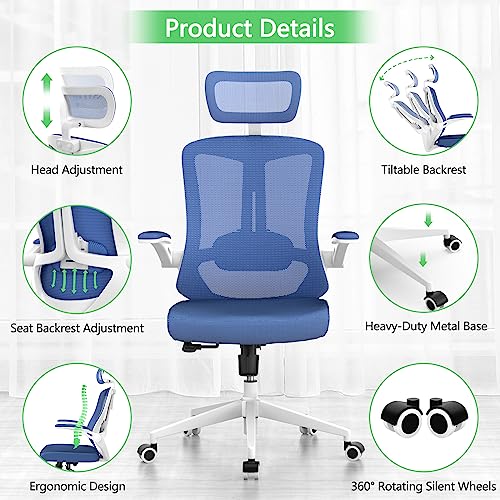 Balmstar Ergonomic Office Chair, Home Office Desk Chair With Adjustable Headrest & Lumbar Support, Swivel High Back Computer Chair, Breathable Mesh Desk Chair, Pu Silent Wheels, Flip-Up Arms (Blue) #TOP5
