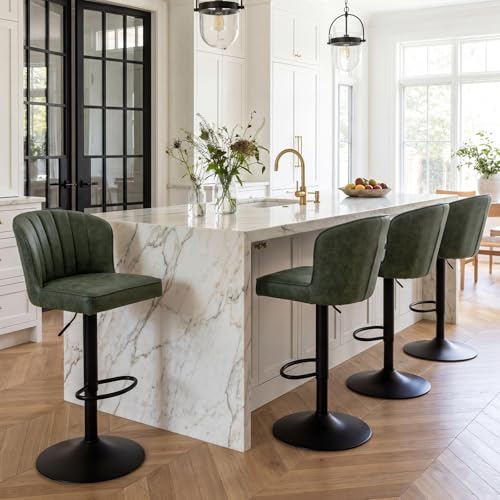 Image of EALSON Swivel Counter Height Bar Stools Set of 4 Modern Adjustable Bar Chairs with Back Leather Upholstered Barstools with Metal Base Comfortable Island Chairs for Kitchen Counter /Pub, Green