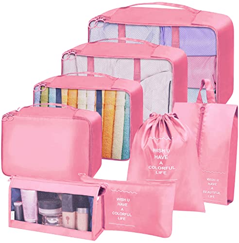 Cubos de embalaje, 8 cubos de embalaje para maletas, equipaje de viaje, organizadores de embalaje, bolsas de almacenamiento impermeables de viaje (rosa) Cover
