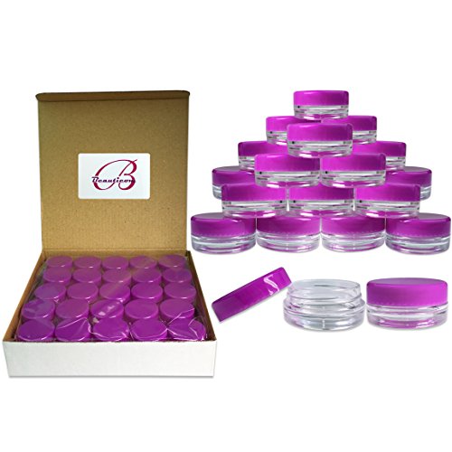 (100 Pieces Jars + Lid) Beauticom 3G/3ML Round Clear Jars with PURPLE Screw Cap Lids for Scrubs, Oils, Toner, Salves, Creams, Lotions, Makeup Samples, Lip Balms - BPA Free