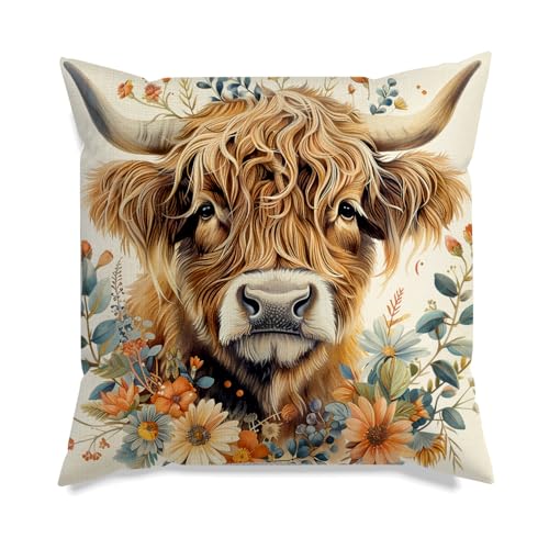 Image of VLYX Highland Cow Cushion, Highland Cow Decorations, Scottish Gift for Women Pillow Cover Animal Outdoor Flower Throw Pillow Case Decor Home Livingroom Couch Sofa 18"X18"(45x45cm)