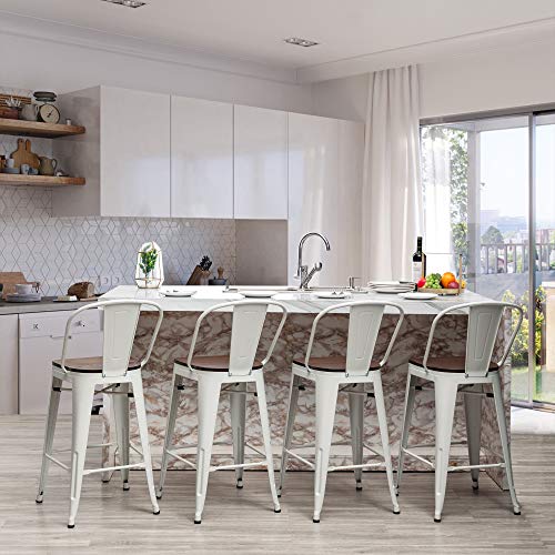 Yongqiang 24" White Metal Bar Stools Set Of 4 High Back Counter Height Stools Kitchen Bar Chairs Modern Barstools With Wood Seat (Cream White) #TOP3