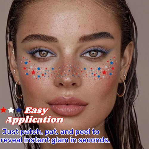 4th of July Glitter Freckles, 6-Pack Face Tattoo Sparkle Star Freckles Makeup Patches for Face Rave Accessories (Patriotic-Silver) — view 2