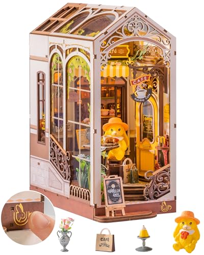 ROBOTIME DIY Book Nook Kit Holiday Café, 3D Wooden Puzzle Miniature Coffee Shop with LED Light, Creative Bookshelf Decor Diorama Kit for Adults, Unique Gift Idea