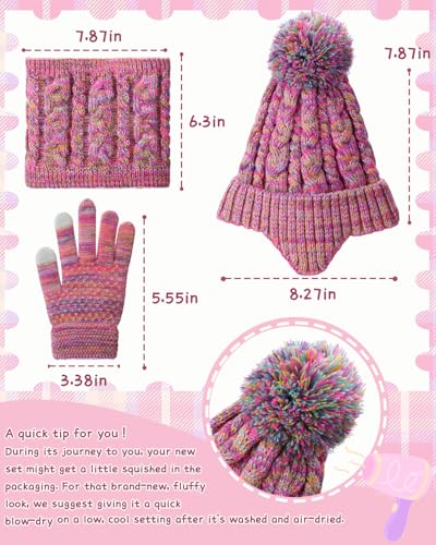 Image of Kids Winter Hat Gloves Scarf Set,Beanie with Pom Earflaps Neck Gaiter Fleece Lined Touchscreen Gloves for Girls Boys 3-10Y