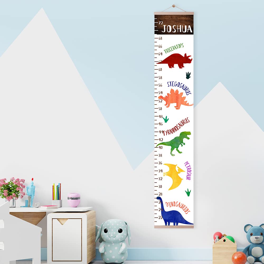 Personalized Name Kids Growth Chart Ruler Flower Dinosaur Growth Ruler Canvas Wall Ruler Oak Solar Woodland Theme Kids Height Chart Baby Wall Growth Chart with Custom Name (Dinosaur)