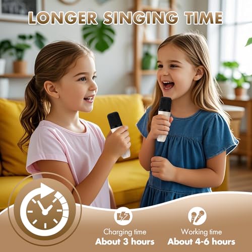 Mini Karaoke Machine Gifts for Kids Adults, Portable Karaoke Speaker with 2 Wireless Microphones, Kids Microphone with Speaker, Birthday Gifts for Girls Boys 3-12+ Year Old (Beige) — view 6