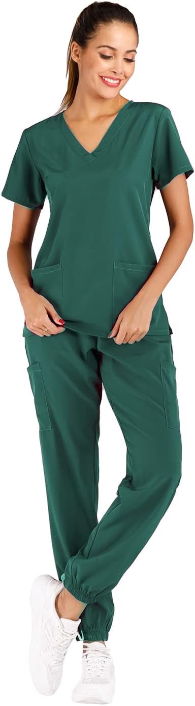 Minty Mint Women's Solid Stretch Medical Uniform Scrub Set V Neck Top Cargo Tapered Jogger Pants - Image 5