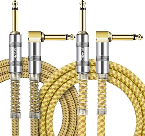OTraki Guitar Cable 3FT, 2 Pack Straight to Right Angle 1/4 Inch Electric Guitar Cord with 6.35mm Gold-Plated TS Plug, Instrument Cable for Bass Keyboard Mixer Amplifier Speaker (Yellow & Brown)