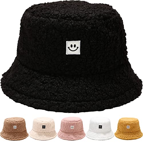 DURINM Bob Chapeau de Pêcheur en Peluche Femme Chapeau Hiver Chaud Chapeaux de Seau en Fausse Fourrure Hiver Bob Chapeau Femme Homme, Chauds Peluche Chapeau de Seau (Le Noir) Cover