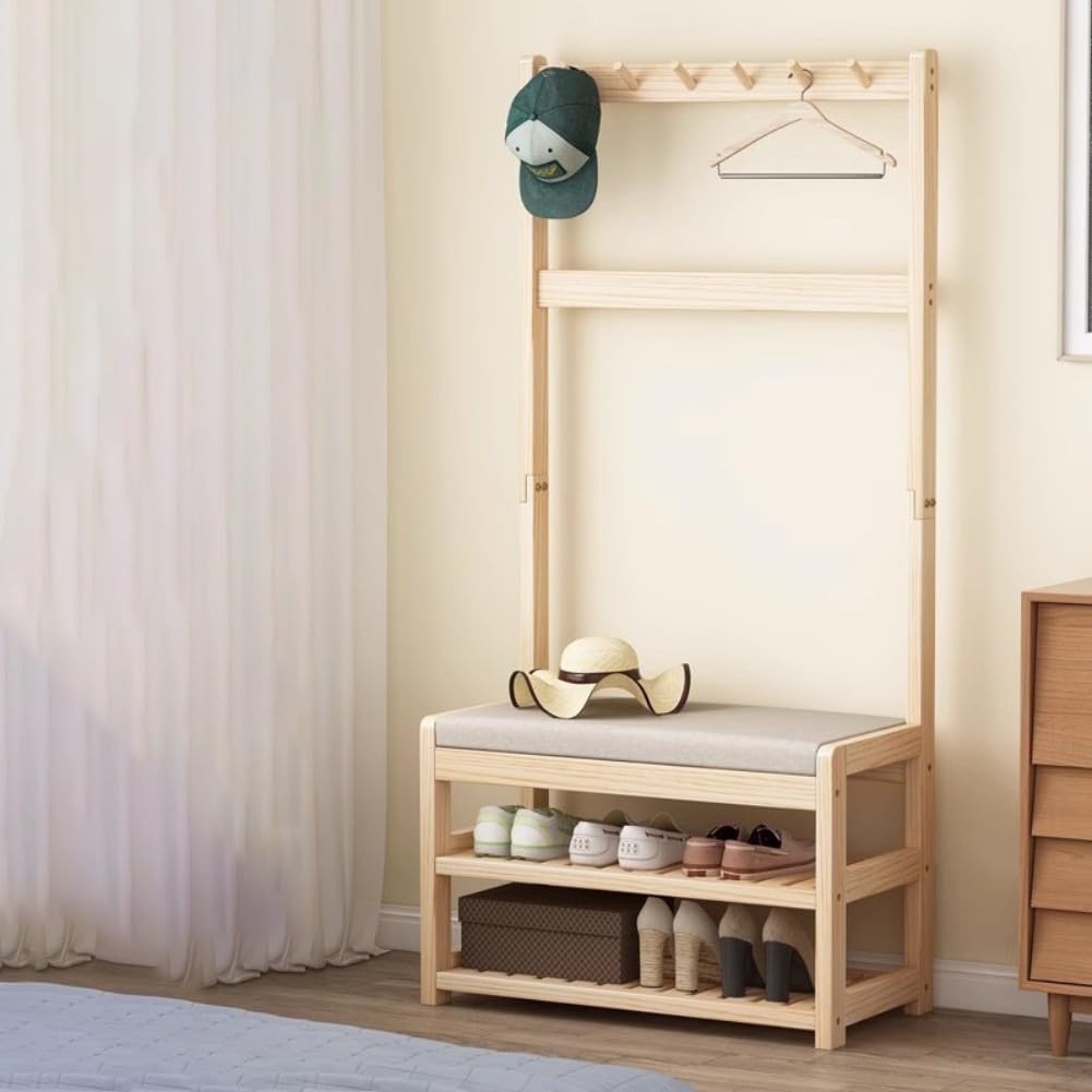 Banc porte-manteau bois contre le désordre avec étagère chaussures 2 niveaux