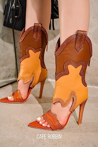 Cape Robbin Nayaye Stiletto Fashion Western Booties for Women, Women's Open Toe Mid-calf Boots with Faux Rhinestone2