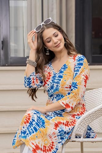 Image of Women's Tie-Dye Printed Kurti, V-Neck, 3 /4 Sleeves, Multicolour, Casual Wear