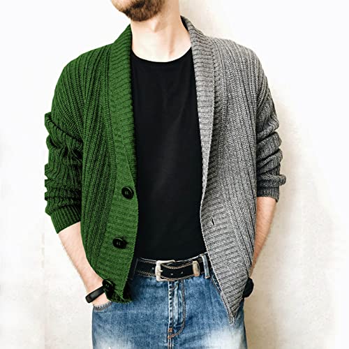 Men's Casual Shawl Collar Cardigan Sweater Long Sleeve Button Down Cardigan Lightweight Open Front V Neck Sweater Men's Green #TOP6