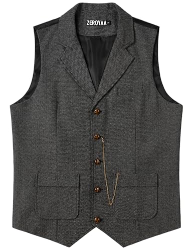 ZEROYAA Mens Lapel Suit Vest Herringbone Waistcoat Dress Vest For Wedding