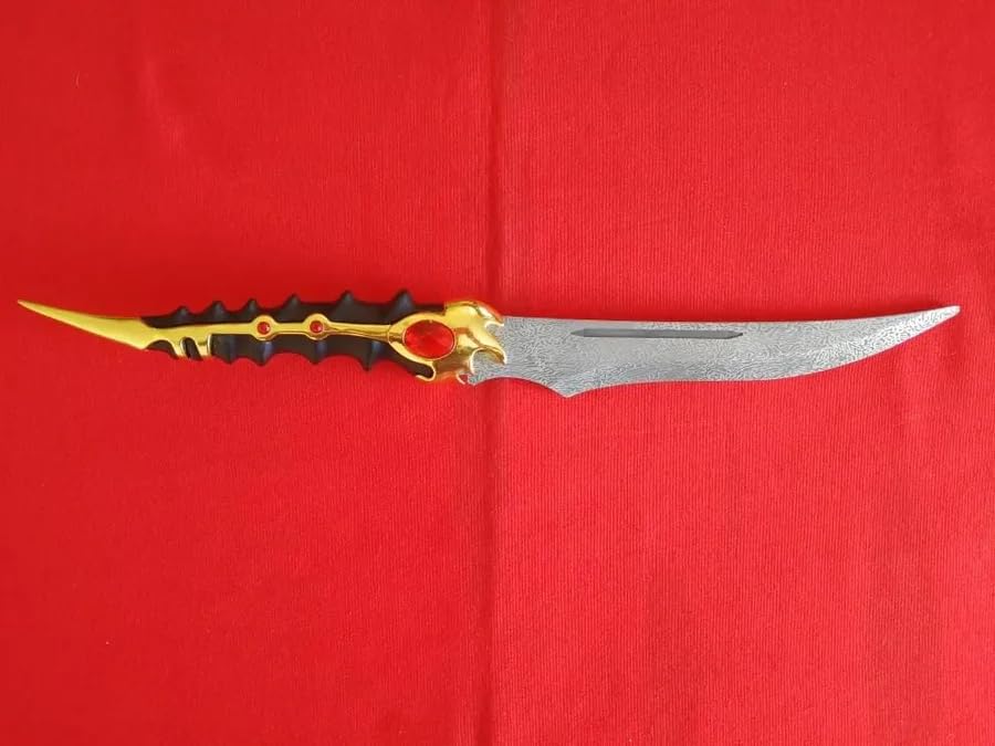 AMONT Daga Catspaw de Arya Stark, 49 cm, Hoja de Acero Inoxidable con Acabado Damasco, Base de Madera Incluida