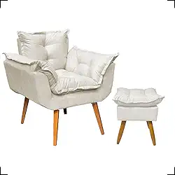 Kit Poltrona Decorativa Para Sala Amamentação Recepção Manicure com Puff Para Quarto Penteadeira Closet Quadrado Tecido Suede (Bege)