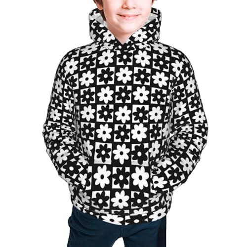 Black and White Checkered Flower Kids Pullover Hoodies Boys Sweatshirts Girls Athletic Clothes with Pocket2