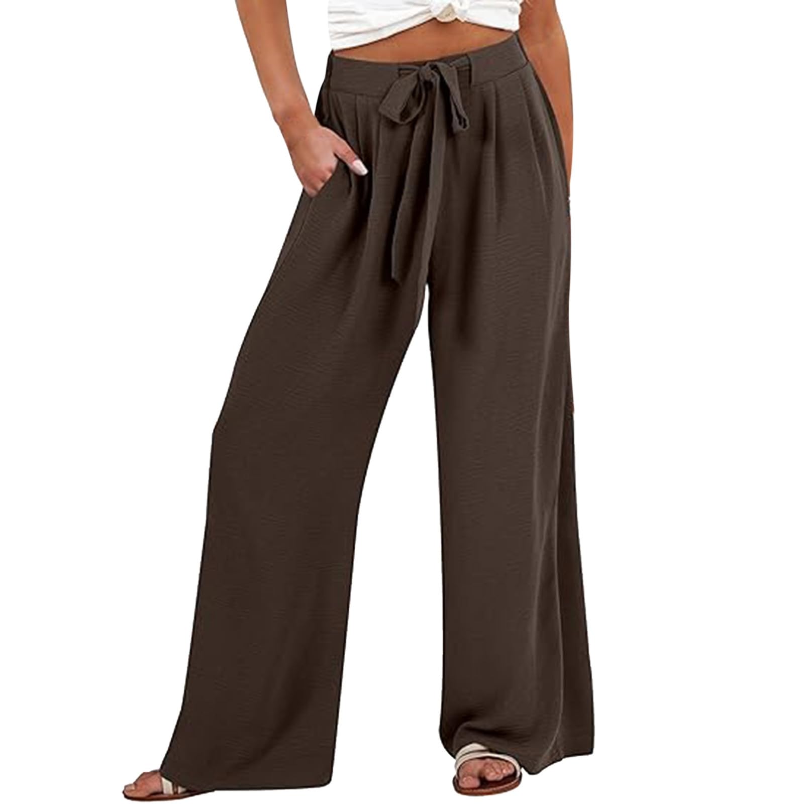 Womens Wide Leg Palazzo Pants High Waist Flowy Adjustable Tie Knot Casual Trousers Loose Lounge Fall Outfits with