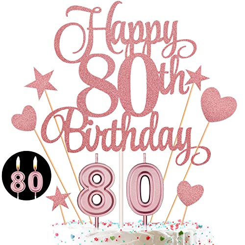 80th Birthday Cake Decorations Set Include 80th Birthday Candles Numeral 80 Cake Candles and Happy 80th Birthday Cake Toppers with Heart Star Cupcake Picks for Birthday Party (Rose Gold Series)