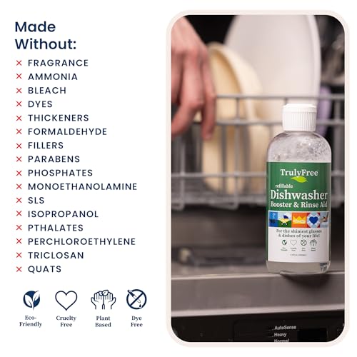 truly free natural dishwasher booster amp rinse aid - non-toxic dishwashing aid formula removes residue amp tough dish stains water spot remover - includes 1 reusable empty 12 oz bottle amp 1 refill