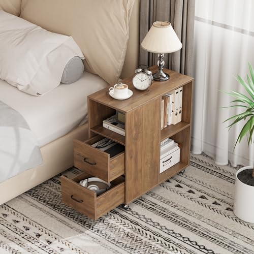 Narrow Brown Side Table with Drawers and Shelves for Small Spaces