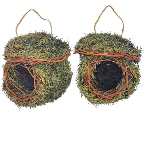 2 Pack Green Grass Birdhouse for Outside Garden Decoration Hanging Bird Hut Bird Nest Cozy Resting Place for Wild Birds (About 3.5-4.5inch)