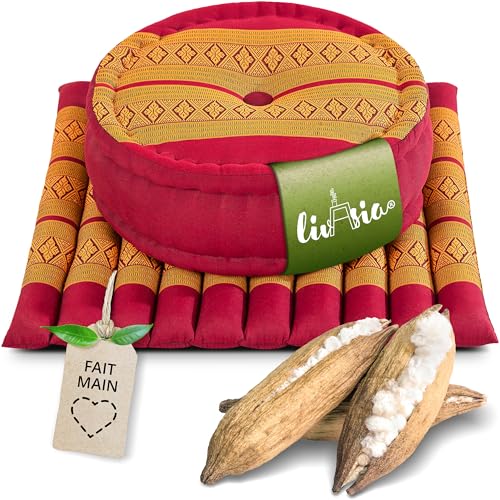 Livasia Ensemble méditation L - Ø 38x15cm/Tapis 50x50x4,5cm - Ensemble Yoga avec Coussin et Tapis, Pouf, Tapis de Yoga Fait Main avec du kapok, Coussin de Sol d’extérieur, Coussin zafu (Rouge/Jaune)
