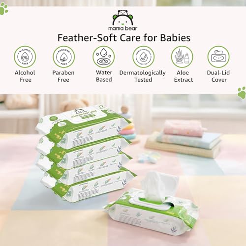 Image of Amazon Brand - Mama Bear Cleansing Baby Wipes With Lid | 360 Wipes | 72 Wipes x 5 Packs | Dermatologically Tested | With Aloe Vera & Vitamin E | Alcohol-free | Paraben-free | Water-Based Formulation