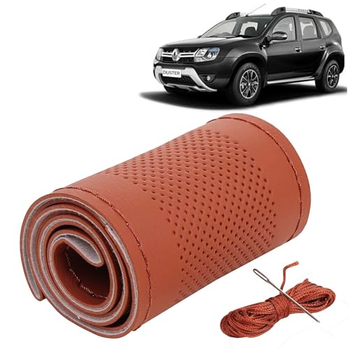 Image of KINGSWAY PU Leatherite Car Steering Cover Sewable Compatible with Renault Duster (Year 2014 Onwards), Tan Color with Tan Thread, Pack of 1 with Sewing Needle and Thread