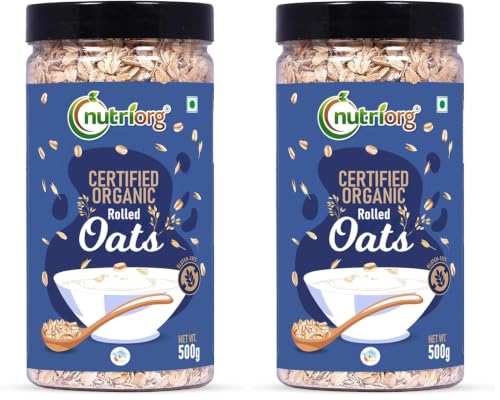 Image of Nutriorg 100% Organic Rolled Oats 500gm | Pack of 2 | Gluten Free | High protein | Weight loss | Fibre Rich | Easy to Cook | Overnight Oats | Nutritional Breakfast Cereal Oats | Air Tight Plastic Jars