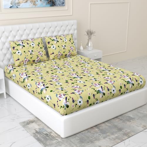 Image of haus & kinder Fitted Cotton Bedsheets King Size, 100% Cotton, 144 TC, Elastic Bedsheet Fitted for Double Bed, Bold Floral