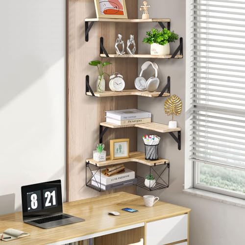 Corner Shelves Wall Mounted, 5+1 Corner Shelves with Wire Storage Basket, Rustic Paulownia Wood Corner Shelf, R-Angle Design, Corner Floating Shelf for Bathroom/Living Room/Kitchen (5+1 Light Brown) - Image 3