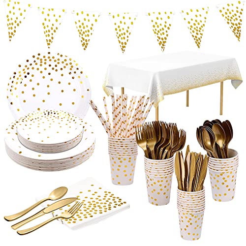 YXHZVON 128 Pièces Vaisselle de Fête en Or Blanc, Vaisselle Jetable à Pois Doré Gobelets en Papier de Fête Assiettes en Papier Serviettes pour Les Fêtes Mariages Anniversaires (16 Invités)