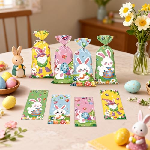 150 Stück Cellophantüten Ostern Mit 150 Bindedrähte - 4 Designs Geschenktüten Ostern, Plätzchen Tüten, Ostertüten Zum Befüllen, Osterkörbchen Für Süßigkeiten & Geschenke - Osternester Zum Befüllen