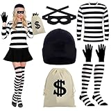 SHAWINKLE Disfraz de Cosplay para Mujer, Gorro de Punto, Máscara, Guantes, Cartera, Rodilleras, Camiseta, Disfraz de Ladrona de Bancos para Halloween Carnaval Cosplay (M)