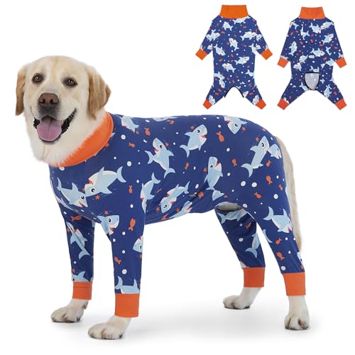 Yeapeeto Einteiler für Hunde, zur Erholung, für große und mittelgroße Hunde, Schlafanzug, Ganzkörper für Haarausfall, Allergien, Anti-Lecken, Wundschutz, Kegel-Alternative(4XL, Blau-Hai)