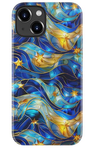 Image of Goodon for iPhone 14 Plus Case Cute - Wireless Charging Compatible - Dual-Layer Hard Shell + Silicone Cover - Protective Phone Case with Trendy Designs for Women - Abstract Bule Gold Water