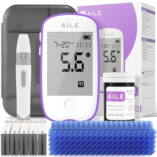 AILE Blood Glucose Test Kit for Diabetes: Blood Sugar monitor testing Kits Diabetics Meter For Home Use Test Strips x 50 and Low Pain Lancing Devices x 50 Testing Monitoring 5 Seconds Accurate Machine