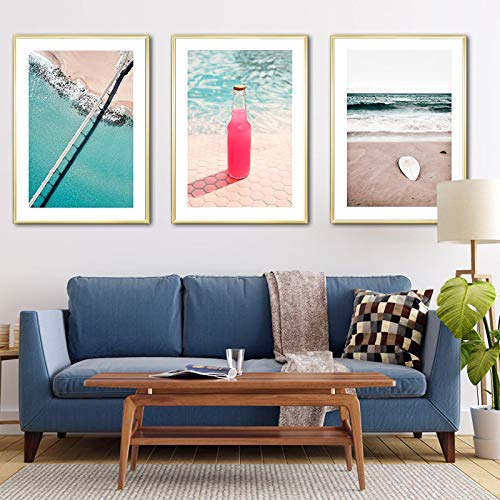 Affiche beach art et cocktail pour salon - Set de 3 peintures sur toile sans cadre