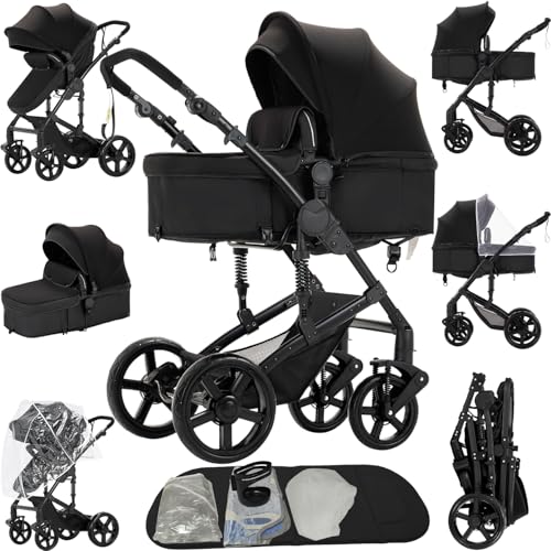 Image of 2 in 1 Baby Stroller Reversible Portable Standard Baby Stroller Convertible Pushchair Infant Buggy Baby Carriage Foldable High Landscape Pram for Toddler Newborn (2US588-BLACK)