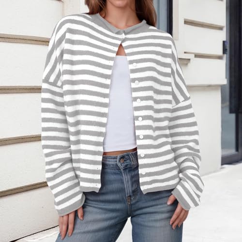 Women Striped Cardigan Sweaters Casual Long Sleeve Open Front Knit Jacket Button Down Cropped Shirts Coat Fall Outfits3