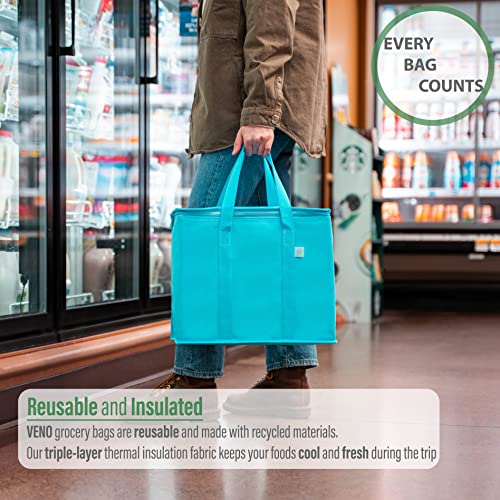 Veno 2 Pack Insulated Reusable Grocery Bag, Food Delivery Bag, Durable, Heavy Duty, Large Size, Stands Upright, Collapsible, Sturdy Zipper, Reusable And Sustainable (Cyan, 2 Pack) #TOP1