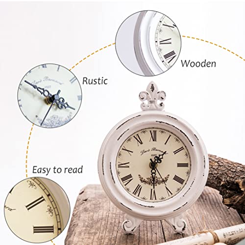 Aoipend Vintage Farmhouse Table Clock Wooden Small White Antique Clock Battery Operated Rustic Farmhouse Decor Round Retro Standing Clock Crafts For Home, Living Room Fireplace Shelf Bedroom Gift #TOP1