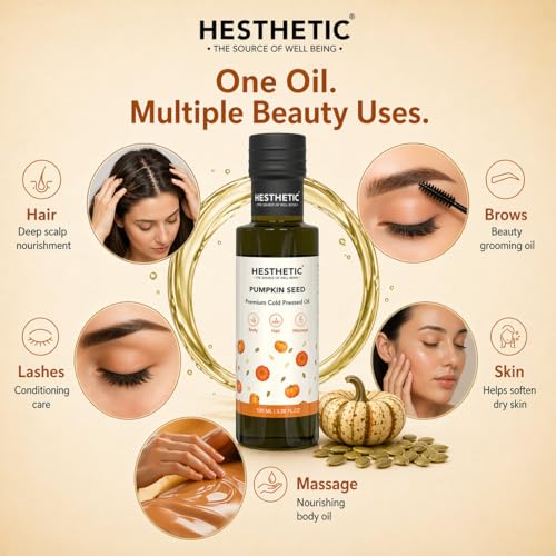 Image of HESTHETIC Cold Pressed Pumpkin Seed Oil 100ml for Hair, Scalp & Skin | Unrefined Virgin Beauty Oil Rich in Zinc & Plant Omega-6 | Glass Bottle | Hair-Thickening Scalp Massage