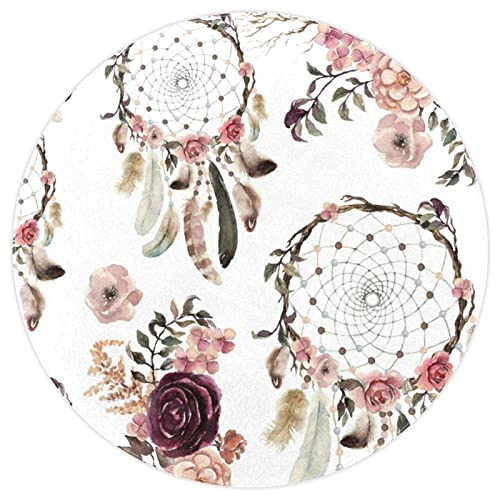Image of Round Soft Area Rugs 4Ft for Girls Boys Teen's Room Circle Nursery Rug for Bedroom Living Room Home Decor, Retro Flower Dream Catcher Rose Floral