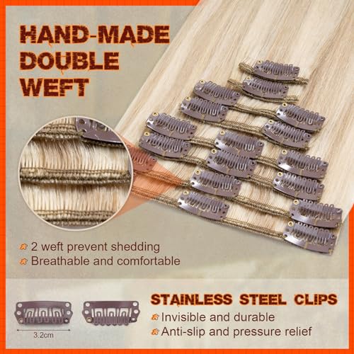 Image of Benehair Human Hair Clip in Extensions Balayage Ash Blonde Mix Bleach Blonde Highlight Hair Extensions for Women Long Straight Remy Natural Full Head 8pcs 24inch No Tape No Glue #18P613