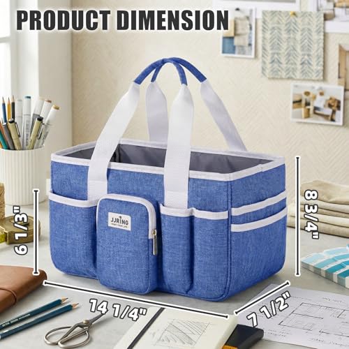 Image of Jjring Craft Organizer Tote Bag, Portable Art Caddy with Adjustable Divider&Secure Zipper Pocket, Large Foldable Storage Tote for Scrapbooking, Sewing, Artist and Home(Blue)